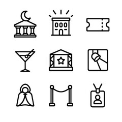 Special Event Icons. Outline icon set of special event and night openings: moon over museum, illuminated façade, ticket stub,