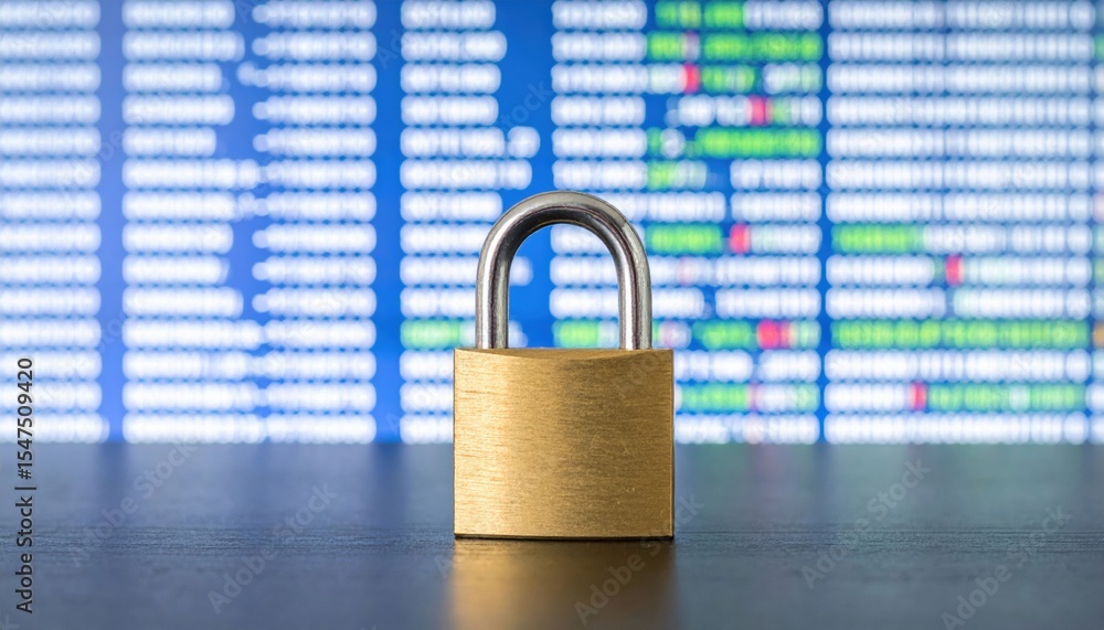 Poster a brass padlock stands locked on a reflective surface with a blurred digital screen displaying data 