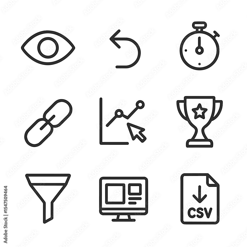 Poster web analytics icons. outline icon set of web analytics: page view eye, bounce rate arrow back, sessi