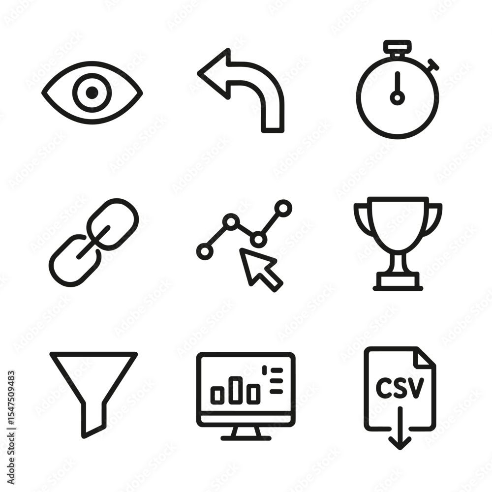 Poster web analytics icons. outline icon set of web analytics: page view eye, bounce rate arrow back, sessi