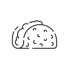 Fast food flat line icon. Burger, fast snacks, sandwich, french fries, hot dog, mexican burrito, pizza vector illustrations.  Thin signs for restaurant menu.