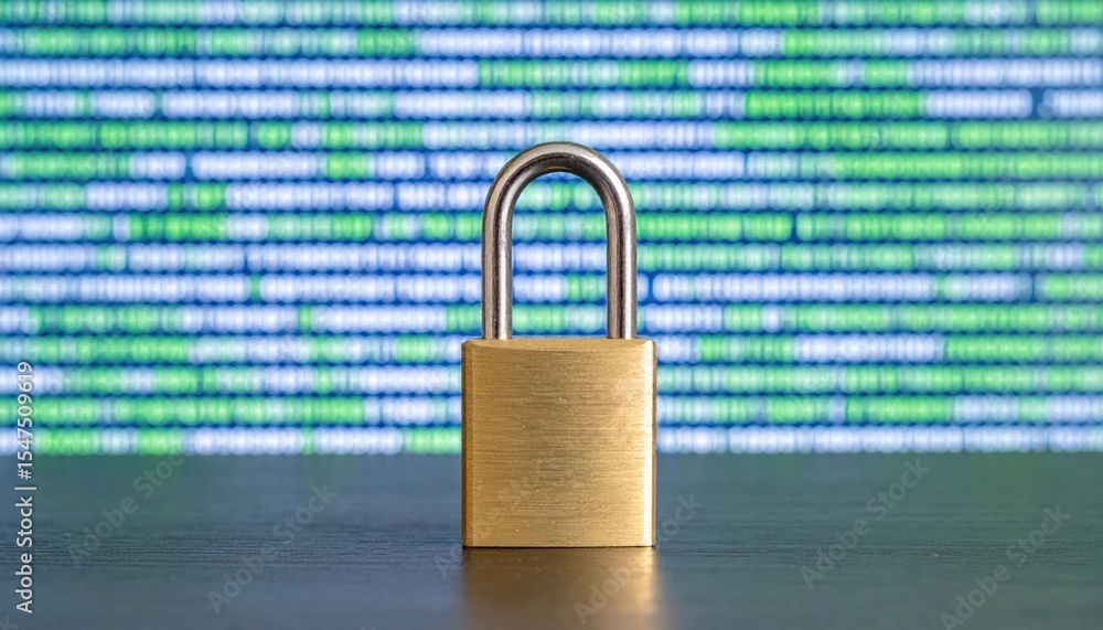 Poster a brass padlock stands on a surface with a blurred background of colorful, digital code representing