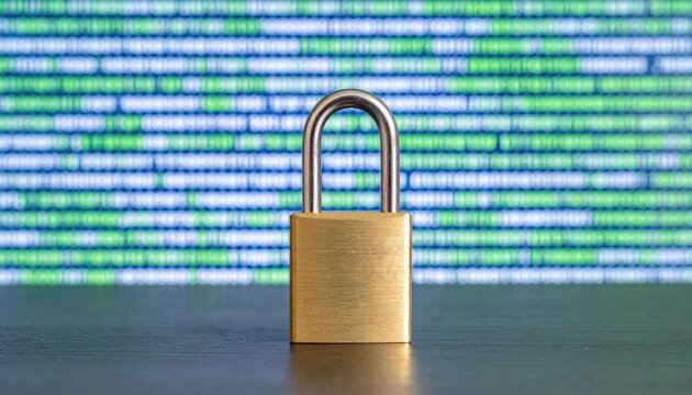 A brass padlock stands on a surface with a blurred background of colorful, digital code representing cybersecurity and data protection.