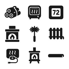 Home Heating Icons. Solid, filled icons set of home heating needs: firewood bundle, space heater, thermostat,