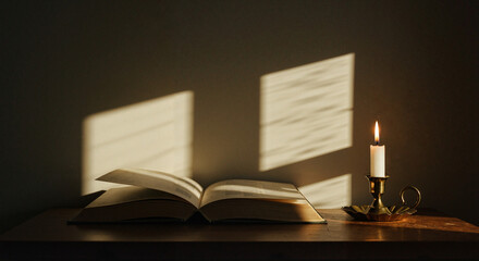 Open book on table with candlelight and shadows on the wall