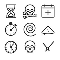 Time and Mortality Icons. Outline icon set of time and mortality: hourglass, skull and crossbones, calendar page with cross,