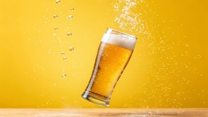 beer levitating in the air on a yellow background