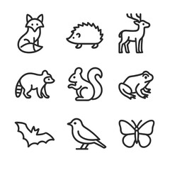 Fototapeta premium Urban Animal Icon Set. Outline icon set of target urban species: red fox, hedgehog, urban deer, raccoon, squirrel, toad, bat