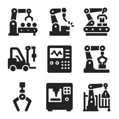 Industrial Robotics Icons. Solid, filled icons set of industrial robotics: assembly line, robotic welder,