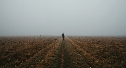 Person walking alone on a foggy path in an open field