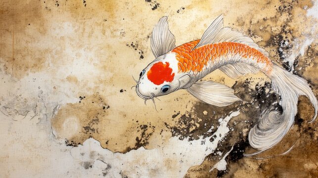 A single orange and white koi fish swims in a painted watery environment.