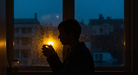 Person holding a cup while sitting by the window in evening rain