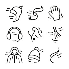 Windy Accessories Icons. Outline icon set of wind-tossed winter accessories: flying hat, fluttering scarf end, glove slipping,