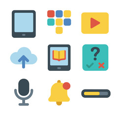 Educational App Icons. Flat icon set of educational apps and tools: tablet device, app icon grid, video tutorial play button,