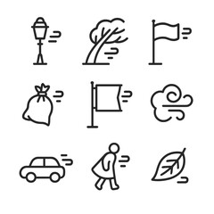 Fototapeta premium Windy City Icons. Outline icon set of city street in strong breeze: street lamp, leaning tree, fluttering flag, blowing trash bag,