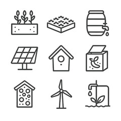Eco-Friendly Icon Set. Outline icon set of green roof and eco features: planter box, sedum mat, rainwater barrel, solar panel,