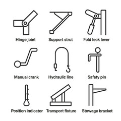 Fototapeta premium Wing Folding Icons. Outline icon set of wing folding and storage features: hinge joint, support strut, fold lock lever, manual
