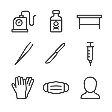 Embalming Tools Icons. Outline icon set of embalming and mortuary tools: embalming pump, formaldehyde vial, mortuary table,