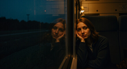 Sad young woman gazing out train window in dim evening light