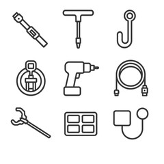 Obraz premium EVA Tools Icon Set. Outline icon set of EVA tools and instruments: torque wrench, t-handle screwdriver, tether hook, portable foot