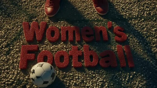 A person is standing on a field with the words "Women's Football" written in red letters