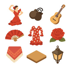 Flamenco Dance Icons. Isometric Flat icon set of flamenco dance group: flamenco dancer pose, castanets, Spanish guitar, hand fan,