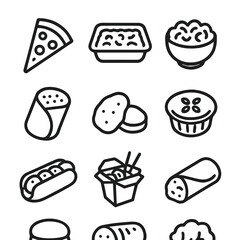 Outline Icon Food Grid. Outline icon set of ready-to-heat meals: pizza slice, lasagna tray, mac ’n’ cheese bowl, burrito wrap,