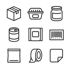 Food Packaging Icons. Outline icon set of food packaging and labeling: cardboard box, plastic container, glass jar, tin can,