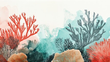 Watercolor painting of coral reefs in red blue and beige on white background.
