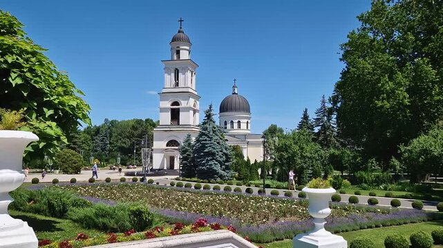 CHISINAU, MOLDOVA - JUNE 20, 2025 The Metropolitan Cathedral Nativity of the Lord with the bell tower, architectural centerpiece of moldovan capital. Summer season beautiful view to the landmark