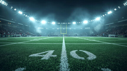 Stadium for sports and concerts empty on a sunny day, modern American football field at night, illuminated by bright stadium lights that pierce through a hazy or misty atmosphere, creating a dramatic