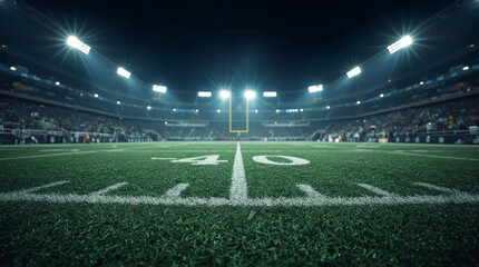 Stadium for sports and concerts empty on a sunny day, modern American football field at night, illuminated by bright stadium lights that pierce through a hazy or misty atmosphere, creating a dramatic