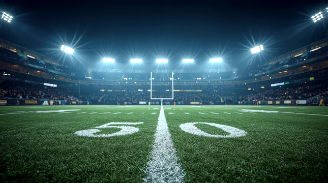 Stadium for sports and concerts empty on a sunny day, modern American football field at night, illuminated by bright stadium lights that pierce through a hazy or misty atmosphere, creating a dramatic
