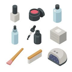 Obraz premium Gel Nail Icon Set. Isometric Flat icon set of gel nail products: base coat bottle, color gel pot, builder gel jar, top coat tube,