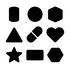 Geometric Icon Grid. Solid, Filled icon set of capsule shapes: cylinder, sphere, cube, pyramid, pill capsule, heart shape, star