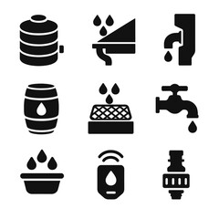 Rainwater Harvesting Icons. Solid, filled icons set of rainwater harvesting methods: rainwater tank, roof