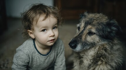 A cute little boy looks at the camera while his loyal dog sits beside him.
