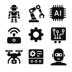 Robotic Icons Set. Solid, filled icons set of robotic advancements: humanoid robot, robotic arm, AI chip,