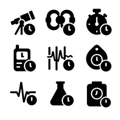 Scientific Timekeeping Icons. Solid, filled icons set of scientific applications of accurate timekeeping:
