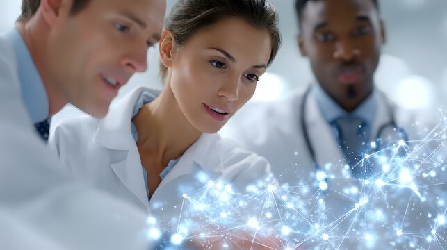 Diverse medical team analyzing digital network visualization with glowing blue connections. Modern healthcare professionals collaborating on innovative technology.