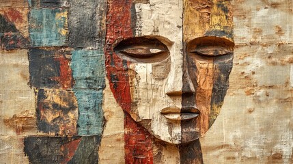 Carved wooden face with colorful geometric patterns on a textured background.
