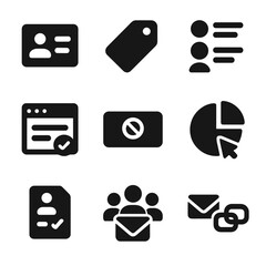 Subscriber Management Icons. Solid, filled icons set of subscriber management: contact card, tag icon,