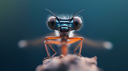 Extreme macro photography of damselfly with striking blue eyes and orange body against blurred dark background, showcasing intricate insect anatomy and natural beauty.