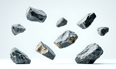 Raw black coal chunks floating on white background, mineral resource concept for energy industry and fossil fuel production, isolated composition for commercial use.