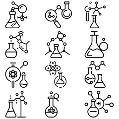 Illustration of science and chemistry with beakers molecules and atom structures in black and white line art