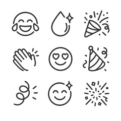 Joyful Tears Icons. Outline icon set of joyful tears: laughing face with tears, wide smile, sparkle drop, confetti burst, clapping