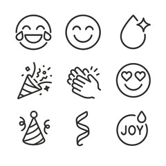 Obraz premium Joyful Tears Icons. Outline icon set of joyful tears: laughing face with tears, wide smile, sparkle drop, confetti burst, clapping