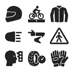 Two-Wheeler Safety Icons. Solid, filled icons set of two-wheeler safety: helmet icon, bike lane, motorcycle