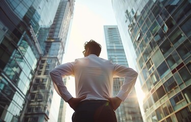 A man stands among high-rise buildings, facing away from the camera and looking up into the distance, used for corporate official websites, internal training, and concepts of personal career planning.