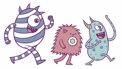 Group of cute and friendly cartoon monsters running and walking together fun playful fantasy creatures for kids illustration